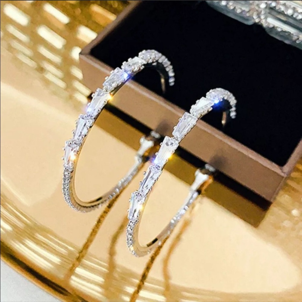 NEW 925 WHITE SAPPHIRE SILVER HOOP EARRINGS - Picture 2 of 5
